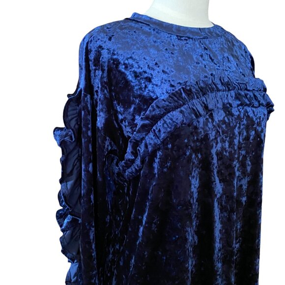NWT Kaktus Crushed Velvet Ruffle Mini Dress Navy Blue Shift Dark Fairy Grunge-M - Picture 4 of 16